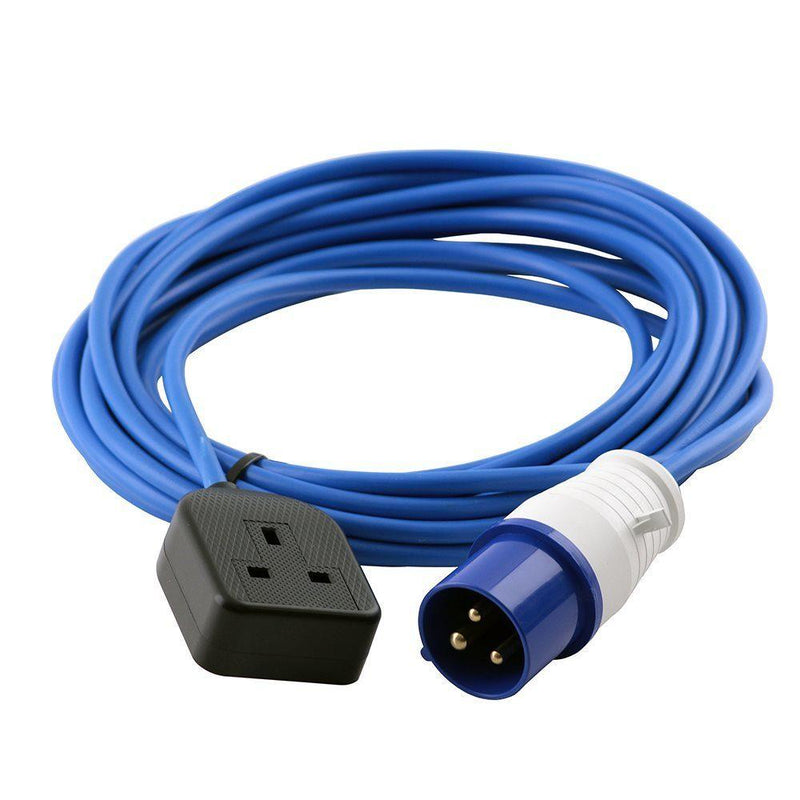 16A 230V Blue Male to 1 Gang Socket Hook Up Extension Cable Lead - 15m