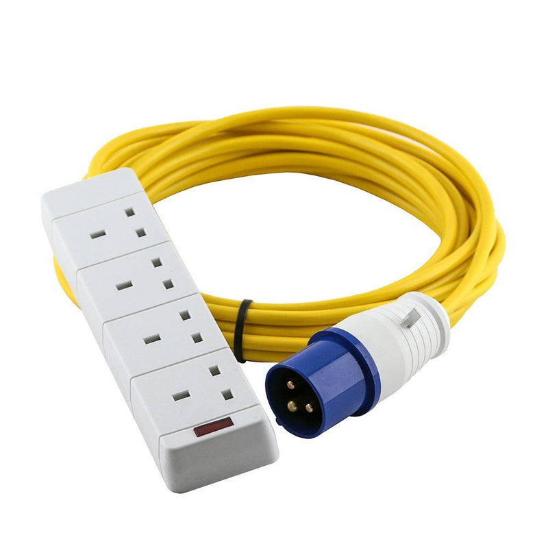 16A 230V Yellow Male to 4 Gang Hook Up Extension Cable Lead - 25m