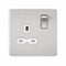 1G 13A 230V Screwless Brushed Chrome UK 3 Pin Switched Electrical Wall Socket - White Insert