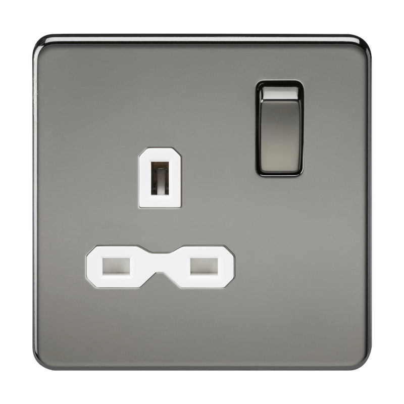 1G DP 13A 230V Screwless Black Nickel UK 3 Pin Switched Electrical Wall Socket - White Insert