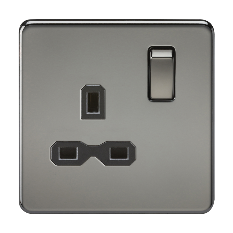 1G DP 13A 230V Screwless Black Nickel UK 3 Pin Switched Electrical Wall Socket - Black Insert