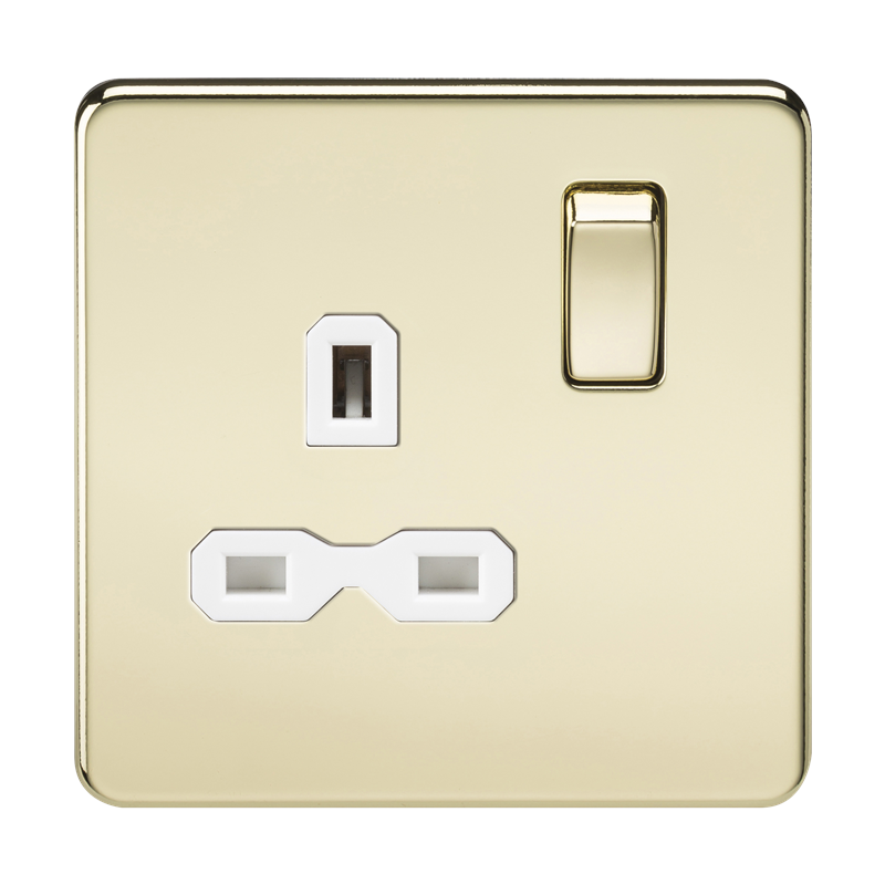 1G DP 13A 230V Screwless Polished Brass UK 3 Pin Switched Electrical Wall Socket - White Insert