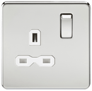 1G DP 13A 230V Screwless Polished Chrome UK 3 Pin Switched Electrical Wall Socket - White Insert