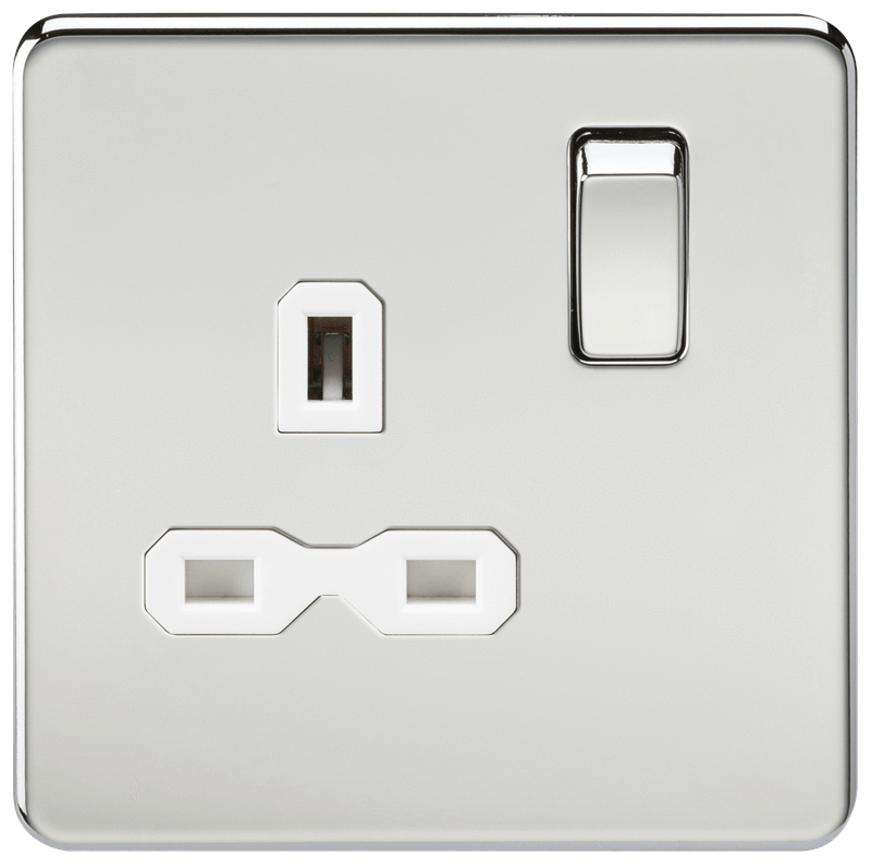 1G DP 13A 230V Screwless Polished Chrome UK 3 Pin Switched Electrical Wall Socket - White Insert