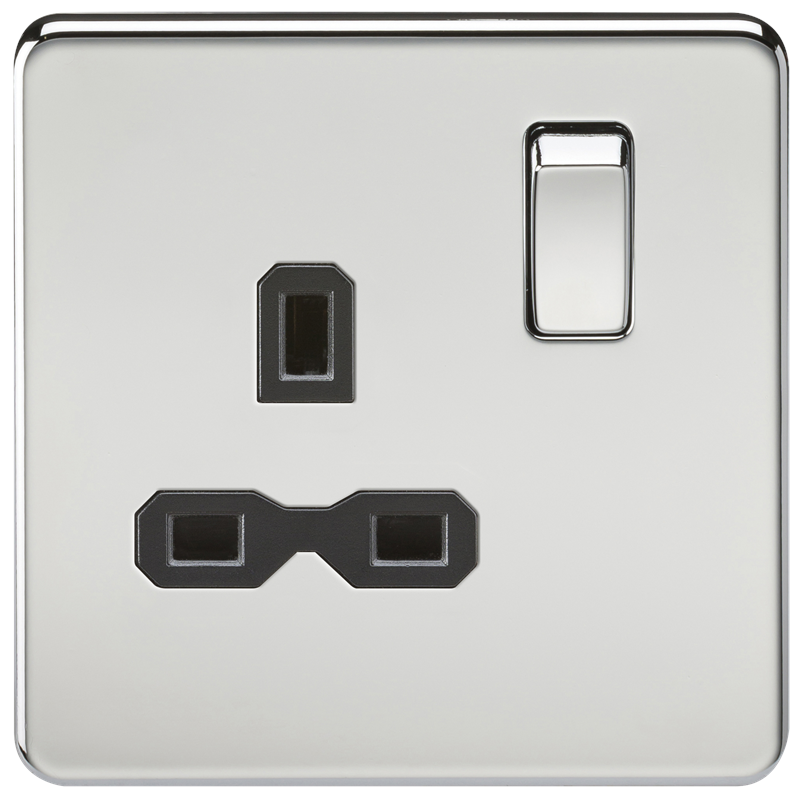 1G DP 13A 230V Screwless Polished Chrome UK 3 Pin Switched Electrical Wall Socket - Black Insert