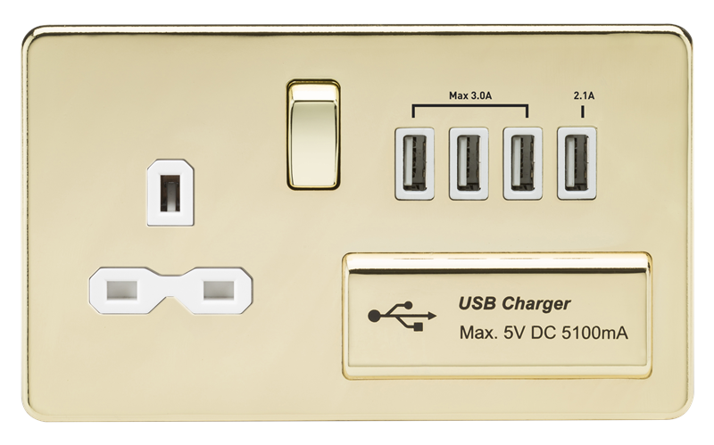 13A 2G Screwless Polished Brass 1G Switched Socket with Quad 5V USB Charger Ports - White Insert