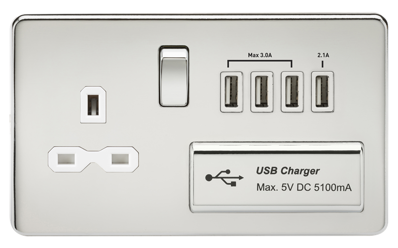 13A 2G Screwless Polished Chrome 1G Switched Socket with Quad 5V USB Charger Ports - White Insert