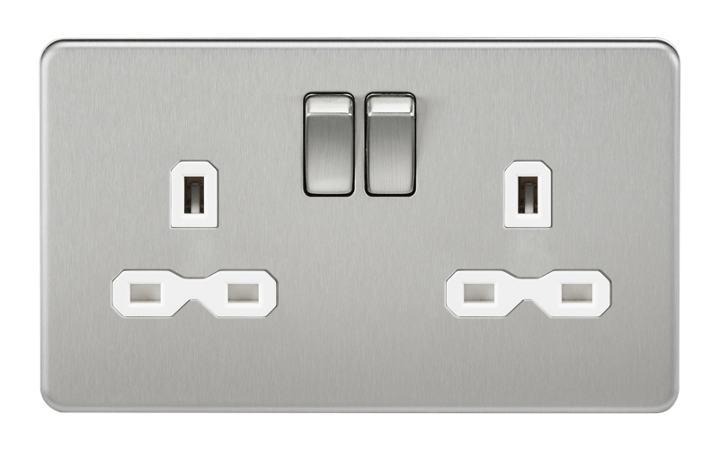 13A 2G DP Screwless Brushed Chrome 230V UK 3 Pin Switched Electric Wall Socket - White Insert