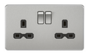 13A 2G DP Screwless Brushed Chrome 230V UK 3 Pin Switched Electric Wall Socket - Black Insert