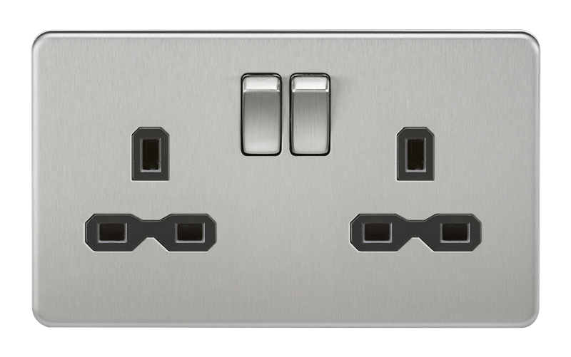 13A 2G DP Screwless Brushed Chrome 230V UK 3 Pin Switched Electric Wall Socket - Black Insert