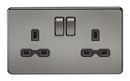 13A 2G DP Screwless Black Nickel 230V UK 3 Pin Switched Electric Wall Socket - Black Insert