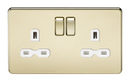 13A 2G DP Screwless Polished Brass 230V UK 3 Pin Switched Electric Wall Socket - White Insert