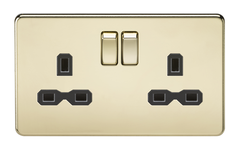 13A 2G DP Screwless Polished Brass 230V UK 3 Pin Switched Electric Wall Socket - Black Insert