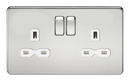 13A 2G DP Screwless Polished Chrome 230V UK 3 Pin Switched Electric Wall Socket - White Insert