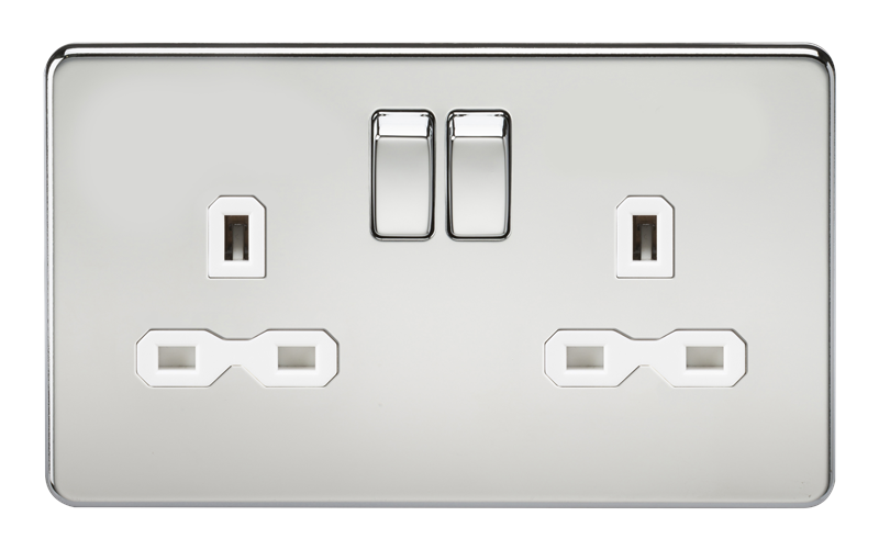 13A 2G DP Screwless Polished Chrome 230V UK 3 Pin Switched Electric Wall Socket - White Insert