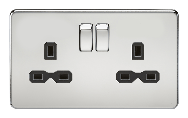 13A 2G DP Screwless Polished Chrome 230V UK 3 Pin Switched Electric Wall Socket - Black Insert