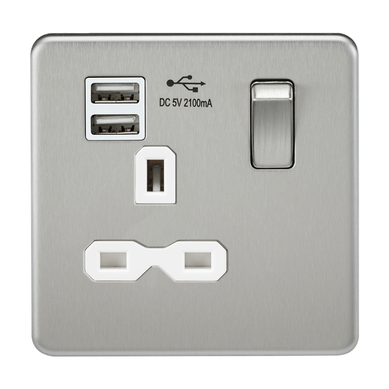 13A 1G Screwless Brushed Chrome 1G Switched Socket with Dual 5V USB Charger Ports - White Insert