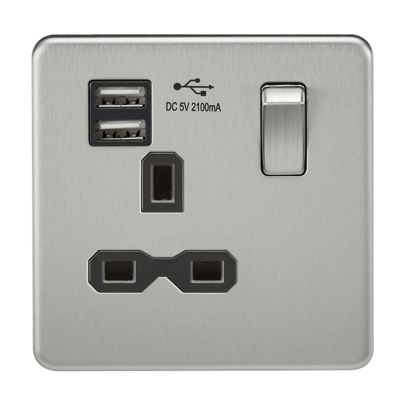 13A 1G Screwless Brushed Chrome 1G Switched Socket with Dual 5V USB Charger Ports - Black Insert