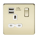 13A 1G Screwless Polished Brass 1G Switched Socket with Dual 5V USB Charger Ports - White Insert