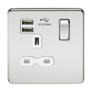 13A 1G Screwless Polished Chrome 1G Switched Socket with Dual 5V USB Charger Ports - White Insert