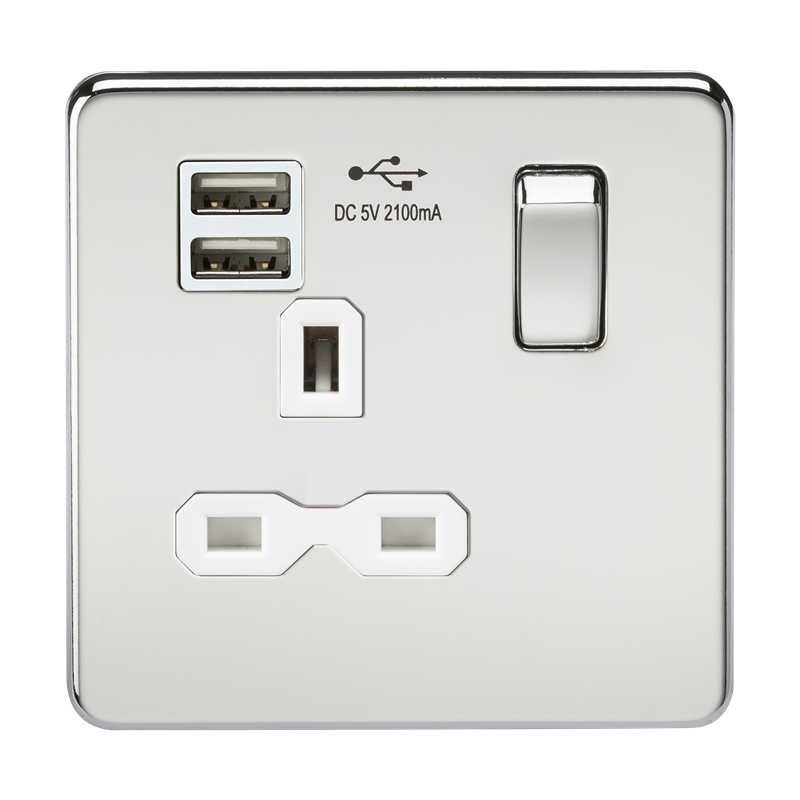 13A 1G Screwless Polished Chrome 1G Switched Socket with Dual 5V USB Charger Ports - White Insert