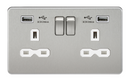 13A 2G Screwless Brushed Chrome 2G Switched Socket with Dual 5V USB Charger Ports - White Insert