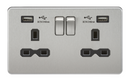 13A 2G Screwless Brushed Chrome 2G Switched Socket with Dual 5V USB Charger Ports - Black Insert