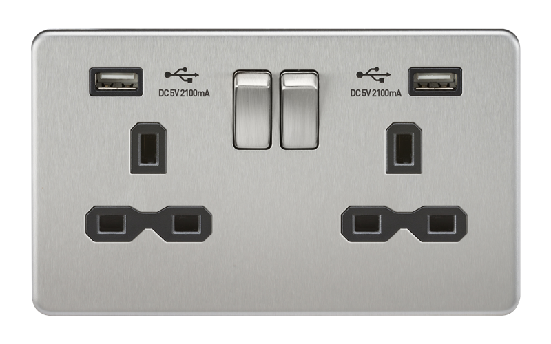 13A 2G Screwless Brushed Chrome 2G Switched Socket with Dual 5V USB Charger Ports - Black Insert