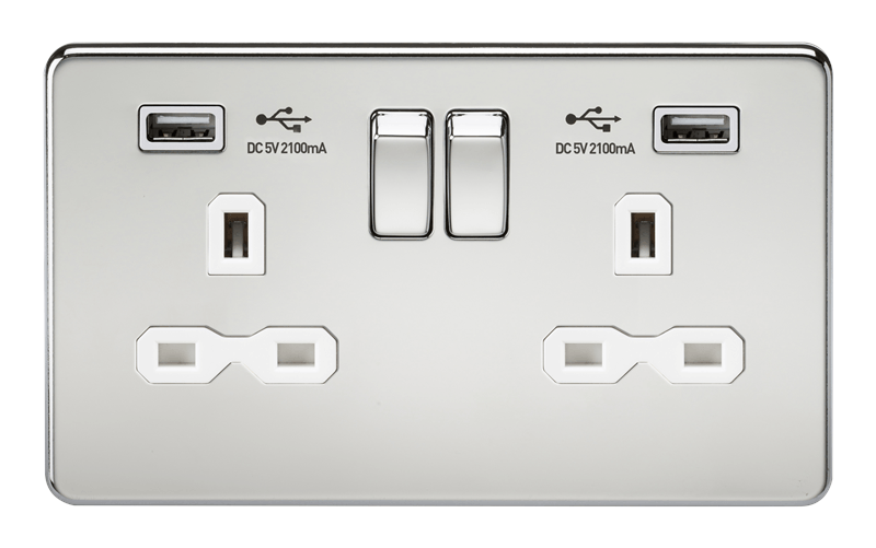 13A 2G Screwless Polished Chrome 2G Switched Socket with Dual 5V USB Charger Ports - White Insert