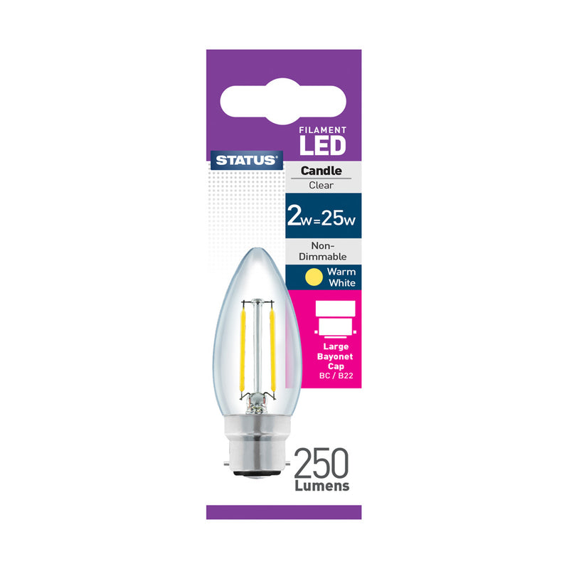 Status 2w = 25w =  250 lumens - Filament  LED - Candle - BC - Clear - Warm White