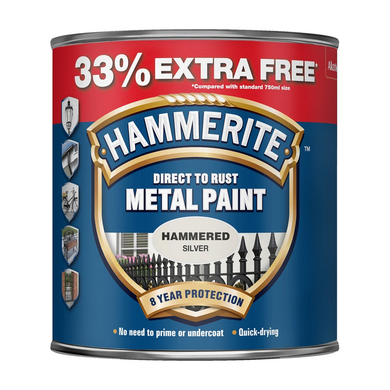 Hammerite Direct to Rust Metal Paint Hammered Finish, 750ml + 33% Free, Silver