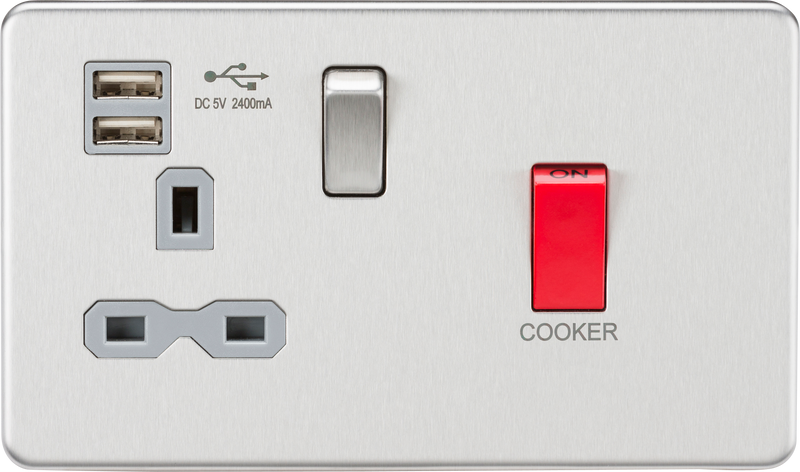 Knightsbridge 45A DP Switch & 13A Switched Socket with Dual USB Charger 2.4A - Brushed Chrome with grey insert