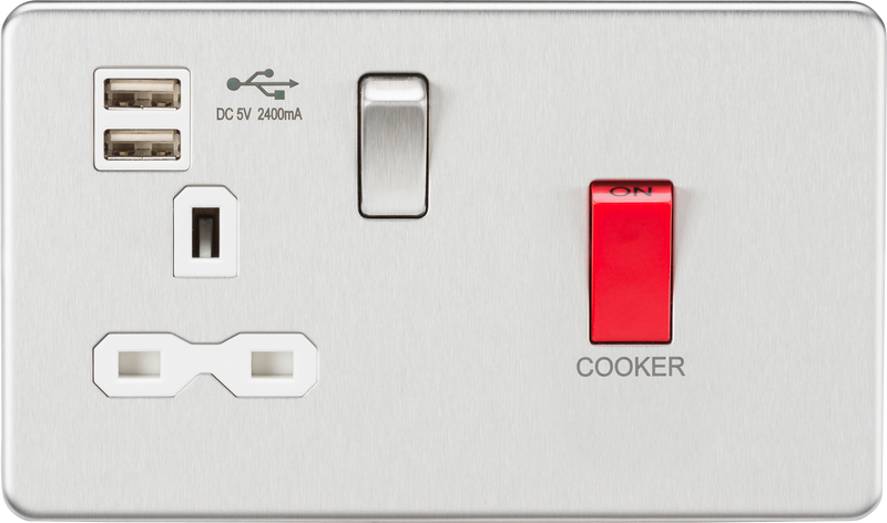 Knightsbridge 45A DP Switch & 13A Switched Socket with Dual USB Charger 2.4A - Brushed Chrome with white insert