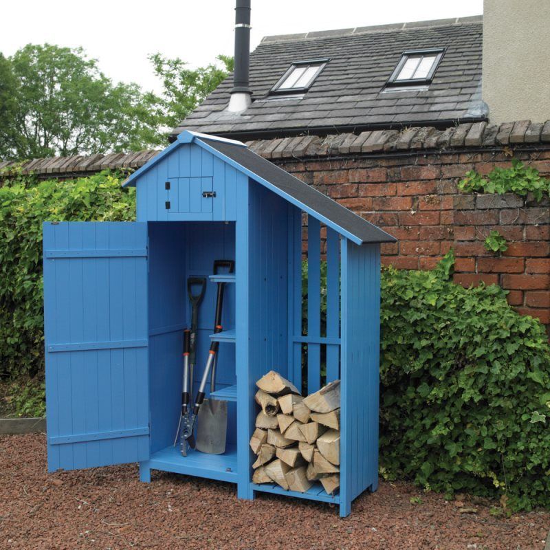 Blue Wooden Garden Shed with Log Store