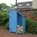 Blue Wooden Garden Shed with Log Store