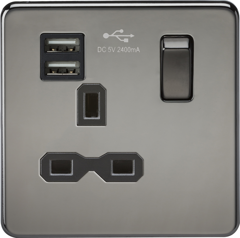 Knightsbridge Screwless 13A 1G switched socket with dual USB charger (2.4A) - black nickel with black insert