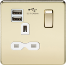 Knightsbridge Screwless 13A 1G switched socket with dual USB charger (2.4A) - polished brass with white insert