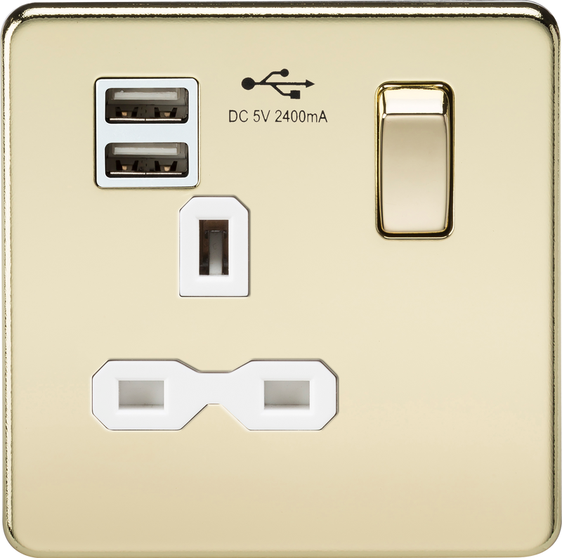 Knightsbridge Screwless 13A 1G switched socket with dual USB charger (2.4A) - polished brass with white insert