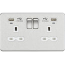 13A 2G Brushed Chrome Switched Sockets, Dual USB (2.4A) with LED Charge Indicators - White Insert