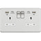 13A 2G Brushed Chrome Switched Sockets, Dual USB (2.4A) with LED Charge Indicators - White Insert