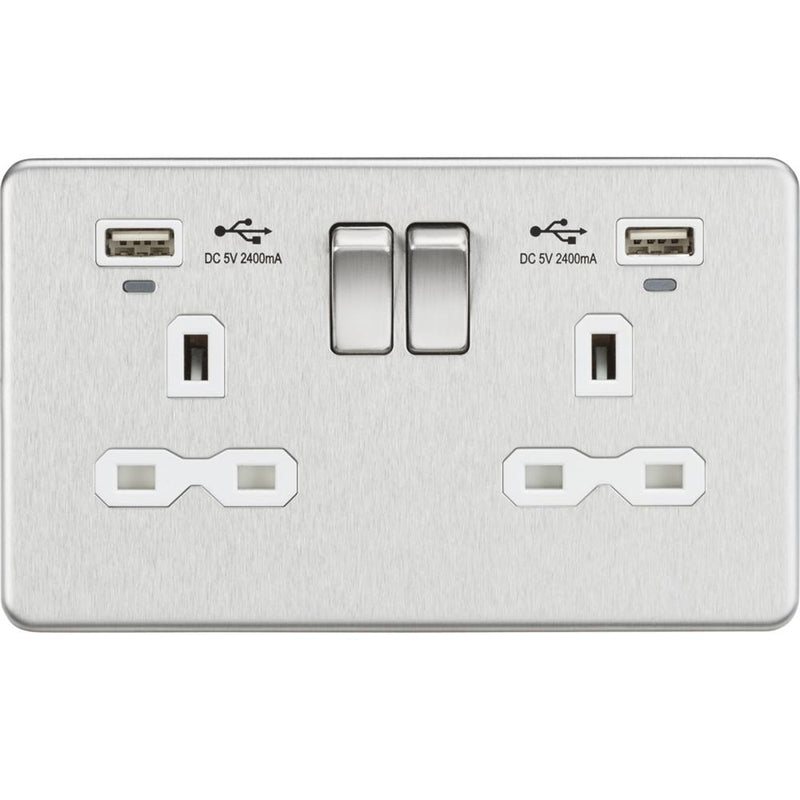 13A 2G Brushed Chrome Switched Sockets, Dual USB (2.4A) with LED Charge Indicators - White Insert