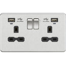 13A 2G Brushed Chrome Switched Sockets, Dual USB (2.4A) with LED Charge Indicators - Black Insert