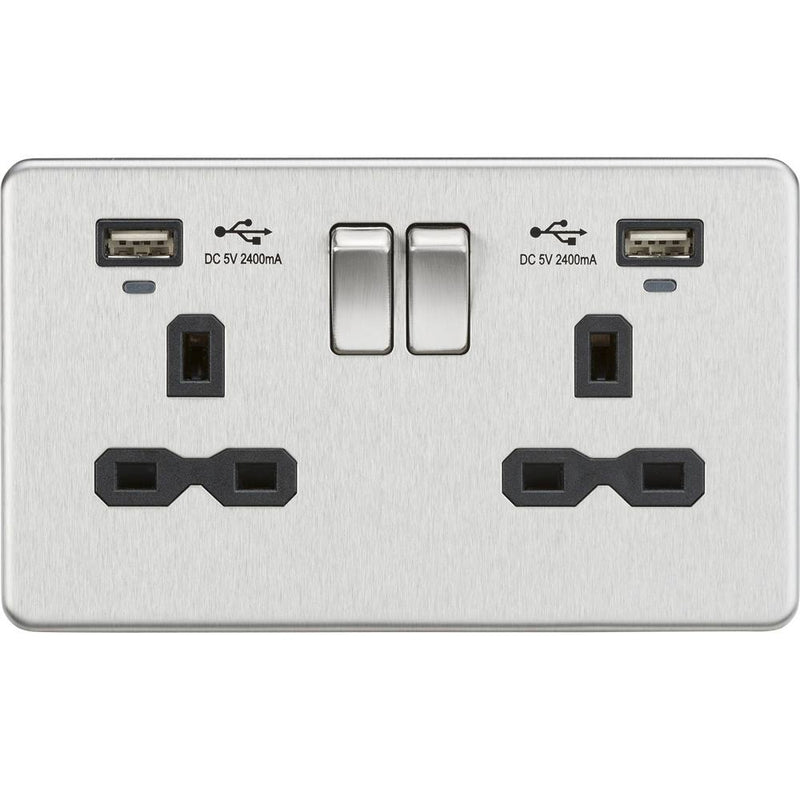 13A 2G Brushed Chrome Switched Sockets, Dual USB (2.4A) with LED Charge Indicators - Black Insert