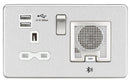 Brushed Chrome Screwless 13A socket, USB chargers (2.4A) and Bluetooth Speaker - White Insert