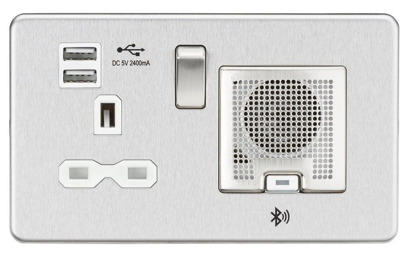 Brushed Chrome Screwless 13A socket, USB chargers (2.4A) and Bluetooth Speaker - White Insert