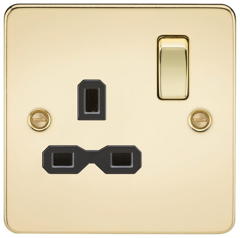 1G DP Switched Socket Flat Plate - Polished Brass, Black Insert