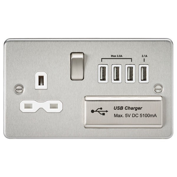 Socket with Quad USB Flat Plate - Brushed Chrome, White Insert