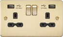 13A 2G Switched Socket with Dual USB Flat Plate - Brushed Brass, Black Insert