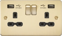 13A 2G Switched Socket with Dual USB Flat Plate - Brushed Brass, Black Insert