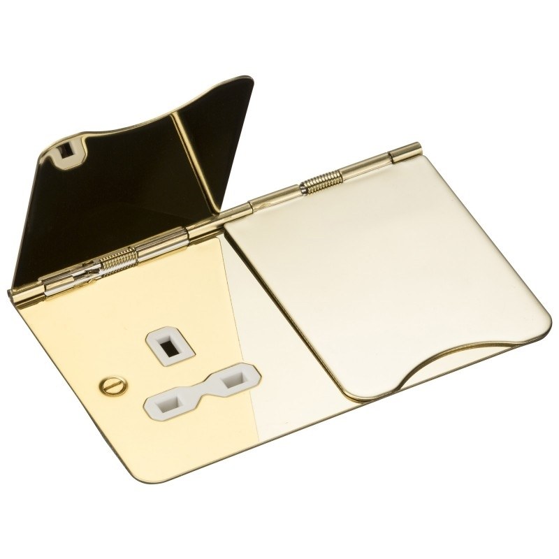 2G Unswitched Flat Plate Floor Socket - Polished Brass, White Insert